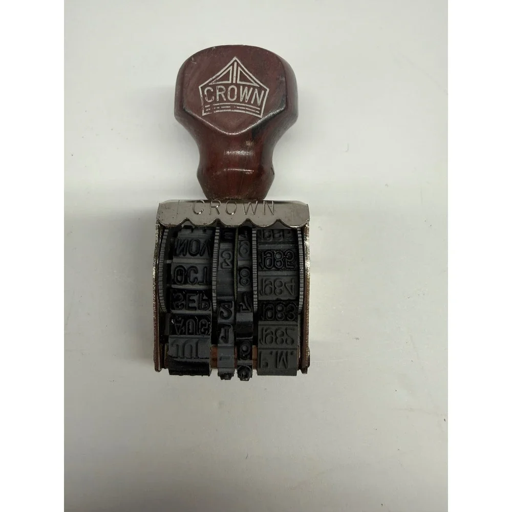 Vintage Crown Rubber Dater Stamp Wood Handle Made in USA 1980s Office Decor